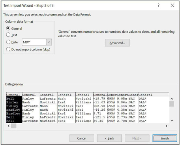 تصویر 4-39 مرحله سوم از کادر محاوره‌ای Text Import Wizard که در آن می‌توانید قالب‌بندی را برای داده‌هایی که می‌خواهید وارد کنید انتخاب نمایید.